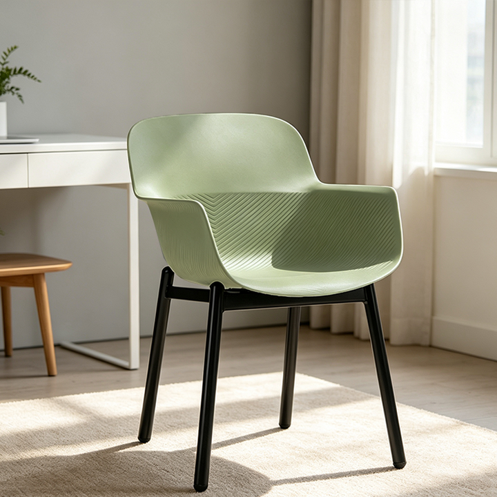 Contemporary Scandinavian Dining Chair - V-Shaped Textured PP Shell &amp; Black Steel Legs Backrest Armrest Chair For Dining Room