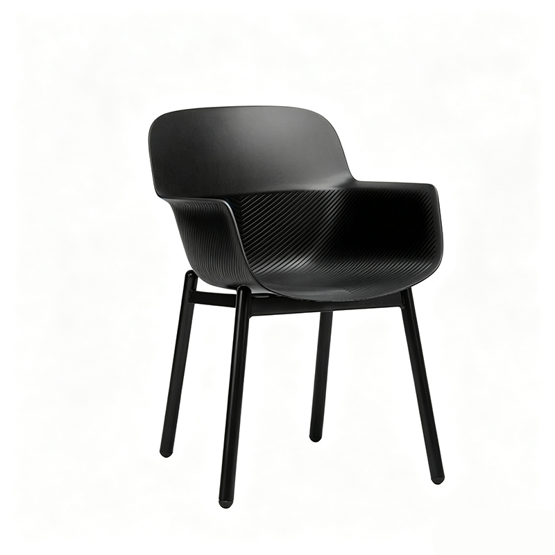 Contemporary Scandinavian Dining Chair - V-Shaped Textured PP Shell &amp; Black Steel Legs Backrest Armrest Chair For Dining Room