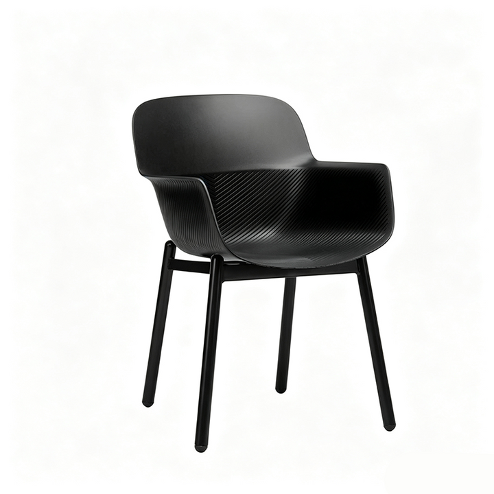 Contemporary Scandinavian Dining Chair - V-Shaped Textured PP Shell &amp; Black Steel Legs Backrest Armrest Chair For Dining Room