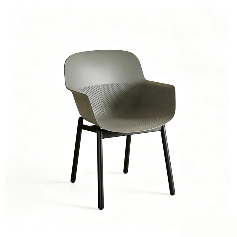 Contemporary Scandinavian Dining Chair - V-Shaped Textured PP Shell &amp; Black Steel Legs Backrest Armrest Chair For Dining Room