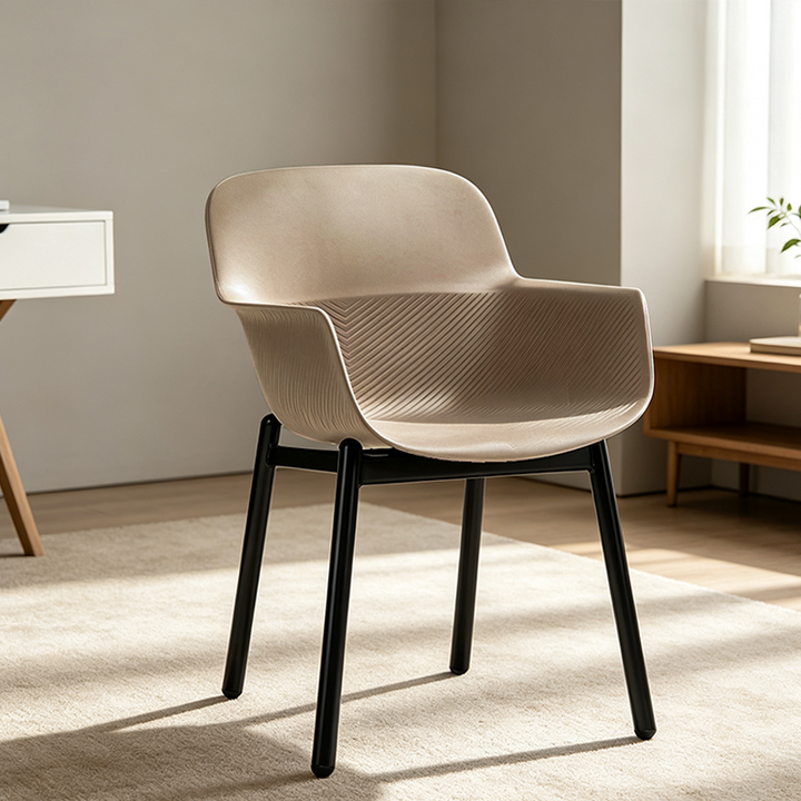 Contemporary Scandinavian Dining Chair - V-Shaped Textured PP Shell &amp; Black Steel Legs Backrest Armrest Chair For Dining Room