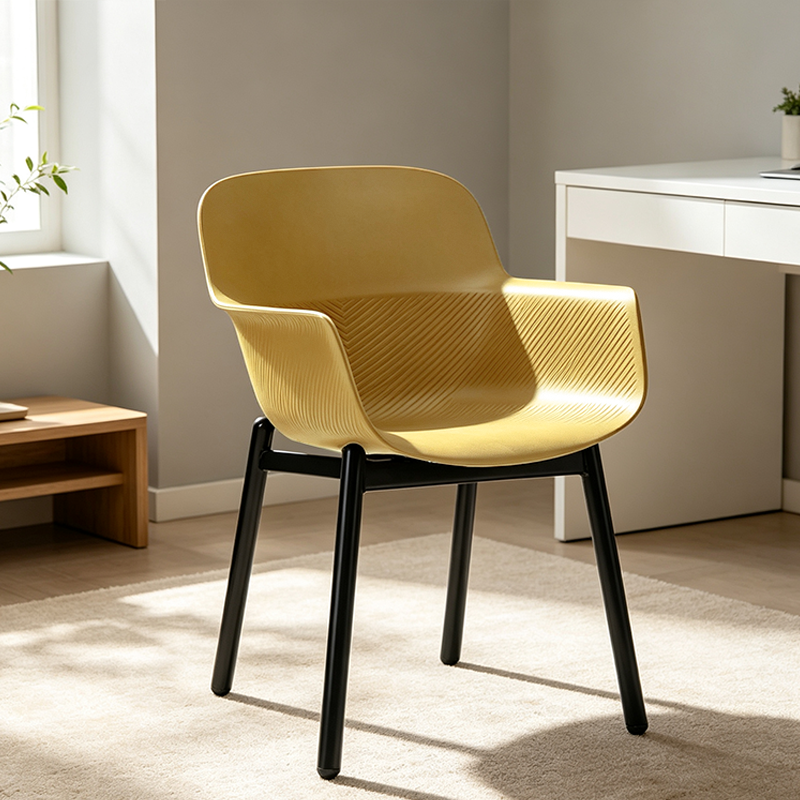 Contemporary Scandinavian Dining Chair - V-Shaped Textured PP Shell &amp; Black Steel Legs Backrest Armrest Chair For Dining Room