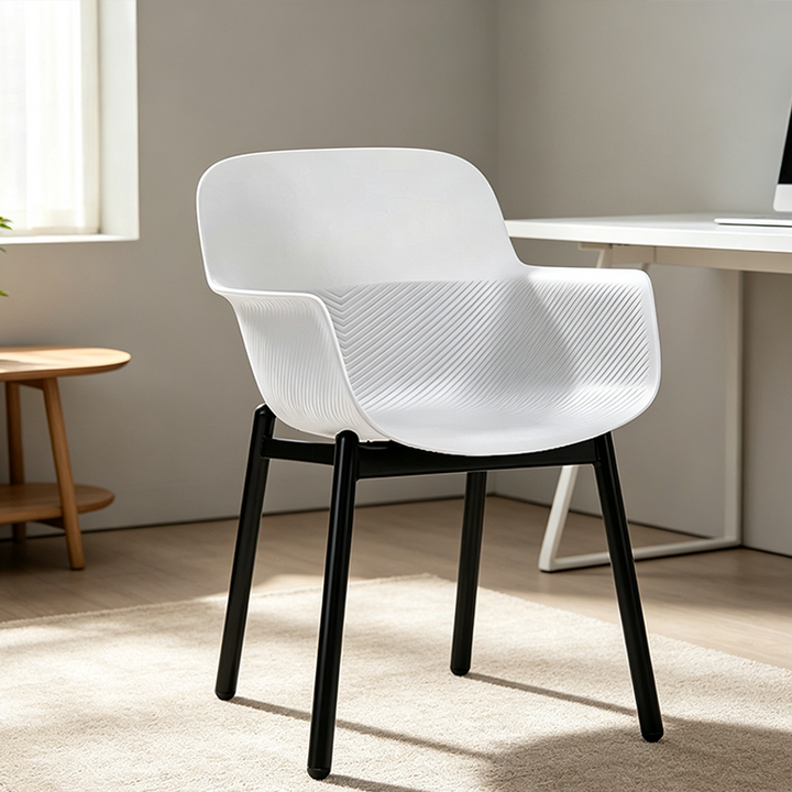 Contemporary Scandinavian Dining Chair - V-Shaped Textured PP Shell &amp; Black Steel Legs Backrest Armrest Chair For Dining Room
