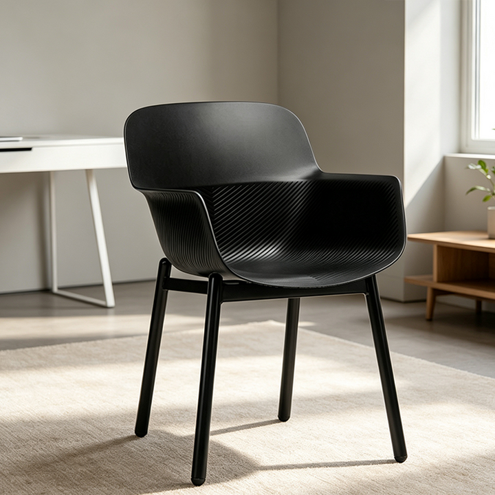 Contemporary Scandinavian Dining Chair - V-Shaped Textured PP Shell &amp; Black Steel Legs Backrest Armrest Chair For Dining Room