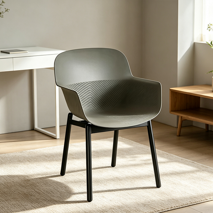 Contemporary Scandinavian Dining Chair - V-Shaped Textured PP Shell &amp; Black Steel Legs Backrest Armrest Chair For Dining Room