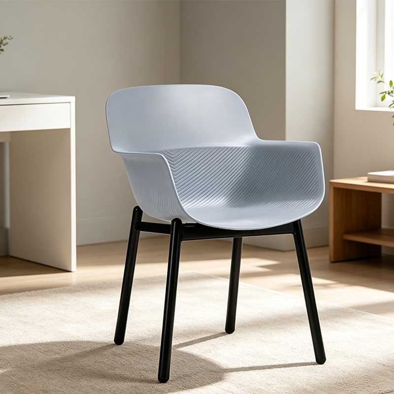 Contemporary Scandinavian Dining Chair - V-Shaped Textured PP Shell &amp; Black Steel Legs Backrest Armrest Chair For Dining Room