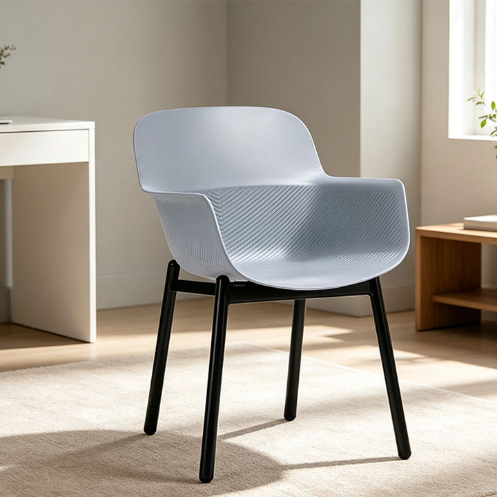 Contemporary Scandinavian Dining Chair - V-Shaped Textured PP Shell &amp; Black Steel Legs Backrest Armrest Chair For Dining Room