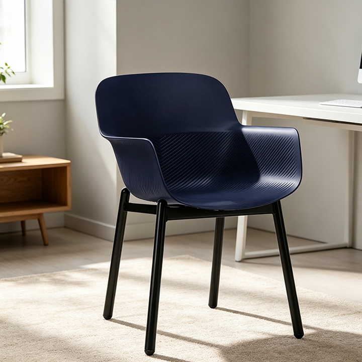 Contemporary Scandinavian Dining Chair - V-Shaped Textured PP Shell &amp; Black Steel Legs Backrest Armrest Chair For Dining Room