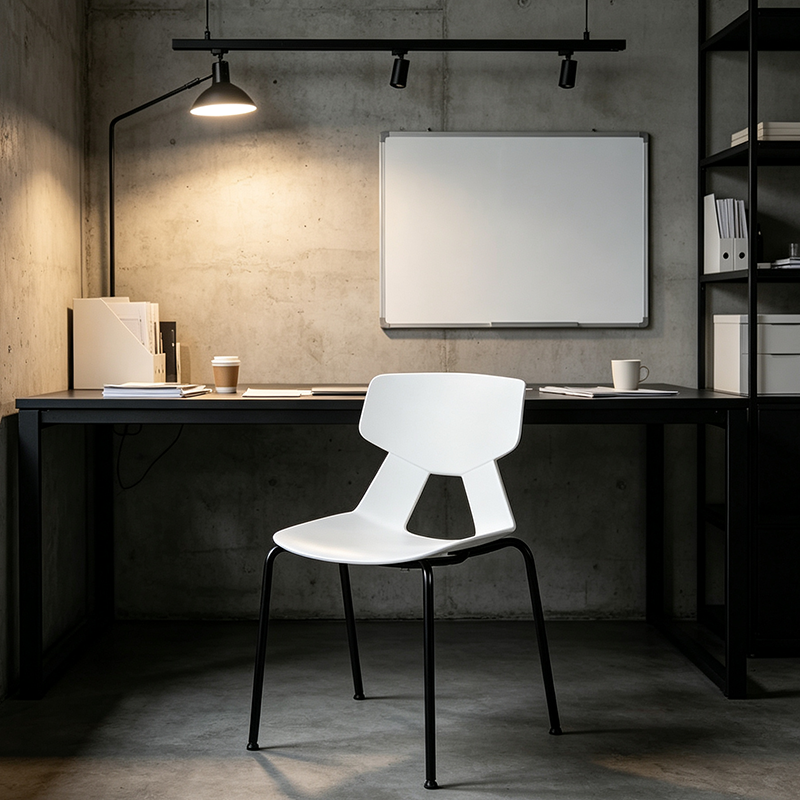 Modern Minimalist Armless Dining Chair - Geometric Open PP Backrest &amp; Black Steel Legs For Dining Chair