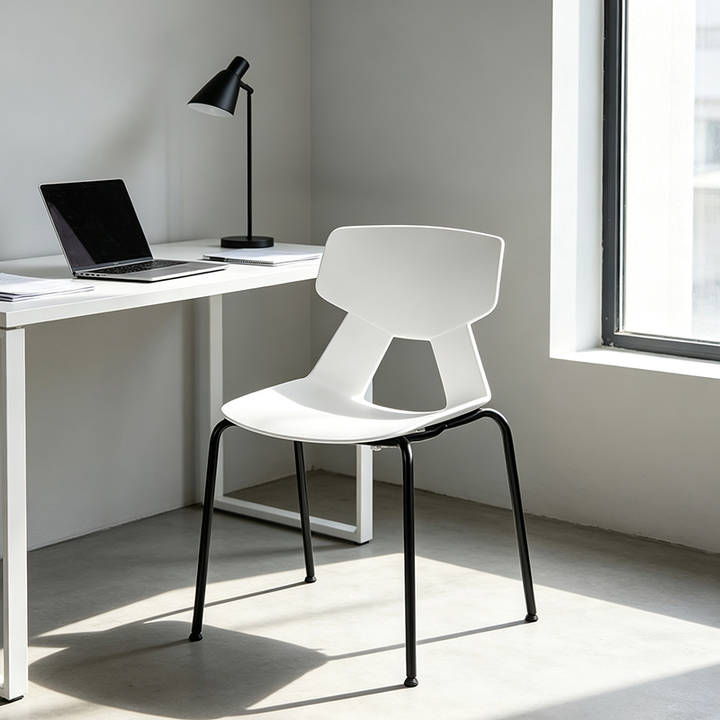 Modern Minimalist Armless Dining Chair - Geometric Open PP Backrest &amp; Black Steel Legs For Dining Chair