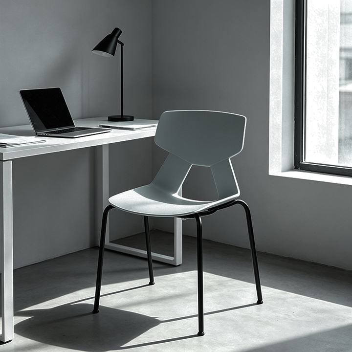 Modern Minimalist Armless Dining Chair - Geometric Open PP Backrest &amp; Black Steel Legs For Dining Chair