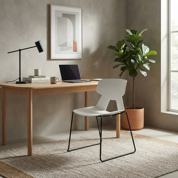 Modern Minimalist Dining Chair - Open Geometric PP Backrest &amp; Black Steel Base Armless Accent Chair For Dining Room