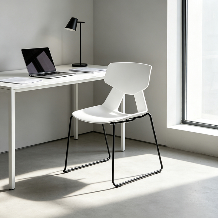 Modern Minimalist Dining Chair - Open Geometric PP Backrest &amp; Black Steel Base Armless Accent Chair For Dining Room