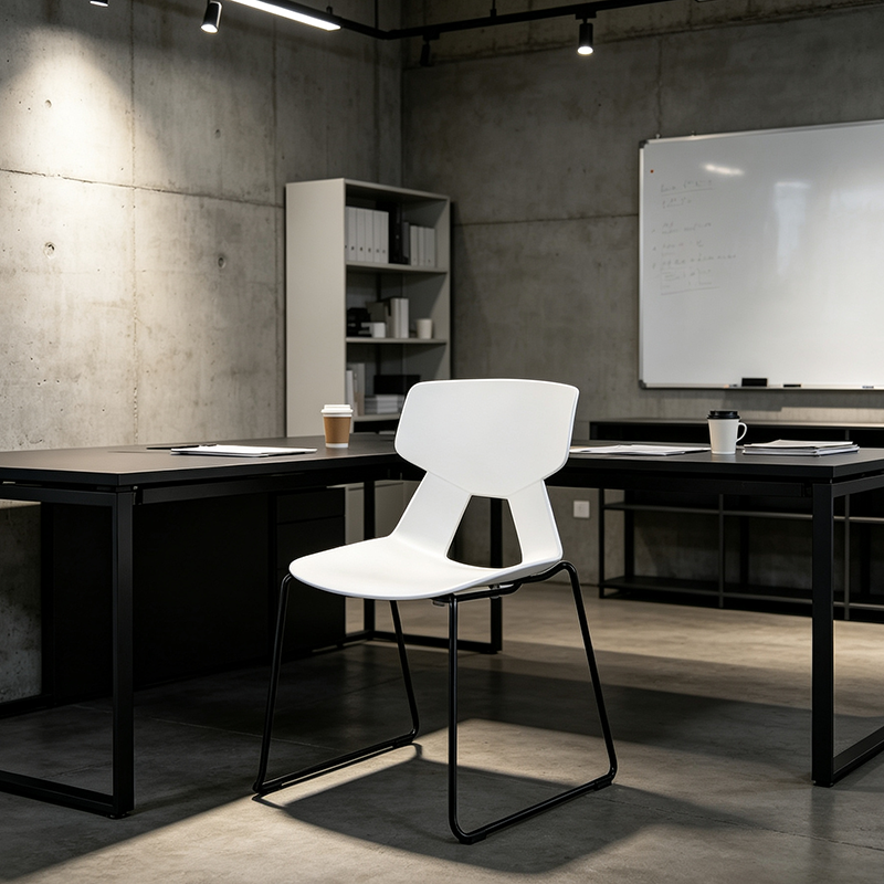 Modern Minimalist Dining Chair - Open Geometric PP Backrest &amp; Black Steel Base Armless Accent Chair For Dining Room