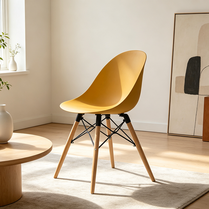 Contemporary Scandinavian Dining Chair - PP Seat &amp; Beech Wood Legs &amp; Black Steel Supports Accent Chair For Dining Room