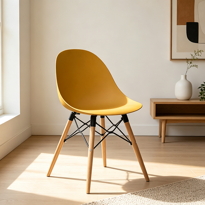 Contemporary Scandinavian Dining Chair - PP Seat &amp; Beech Wood Legs &amp; Black Steel Supports Accent Chair For Dining Room