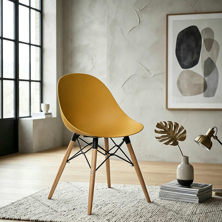 Contemporary Scandinavian Dining Chair - PP Seat &amp; Beech Wood Legs &amp; Black Steel Supports Accent Chair For Dining Room