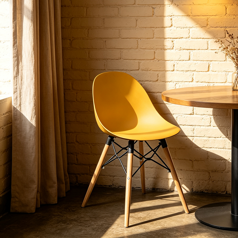 Contemporary Scandinavian Dining Chair - PP Seat &amp; Beech Wood Legs &amp; Black Steel Supports Accent Chair For Dining Room