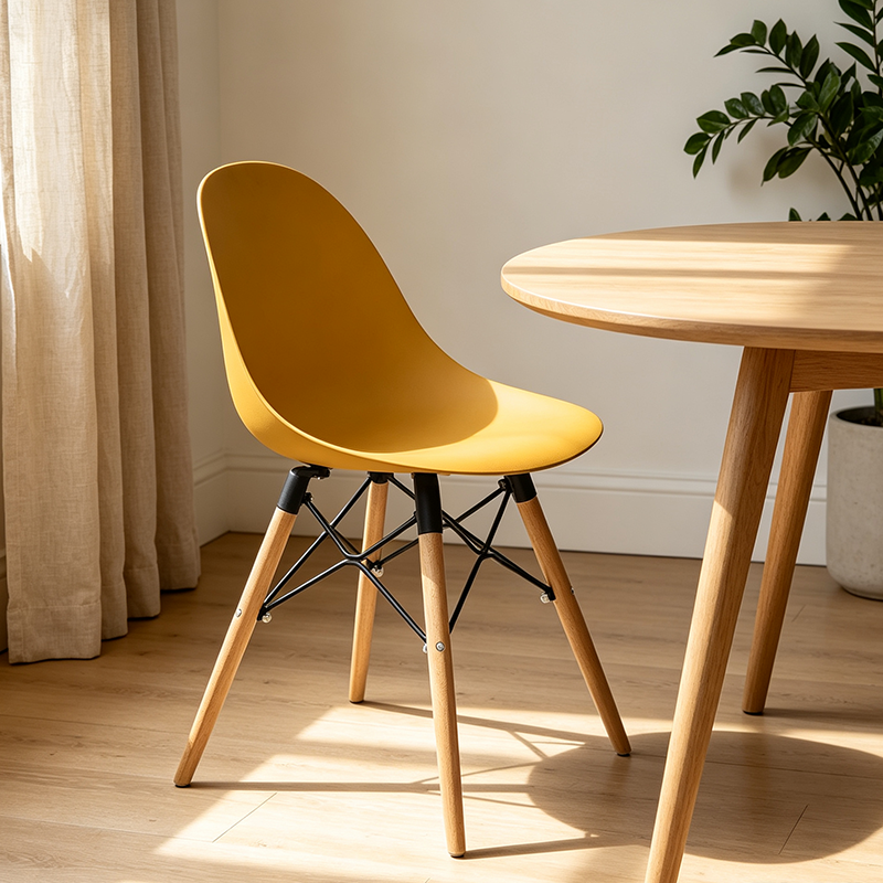 Contemporary Scandinavian Dining Chair - PP Seat &amp; Beech Wood Legs &amp; Black Steel Supports Accent Chair For Dining Room