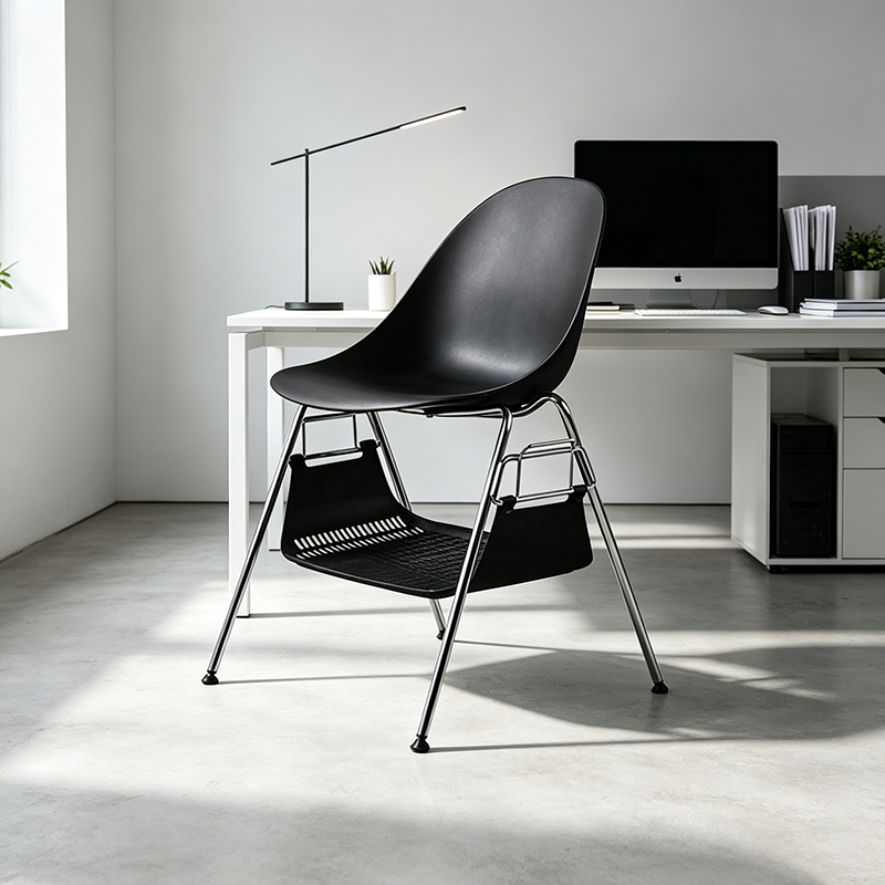 Modern Minimalist Under-Seat Storage Basket Dining Chair - Curved PP Shell &amp; Steel Legs Backrest Chair For Dining Room