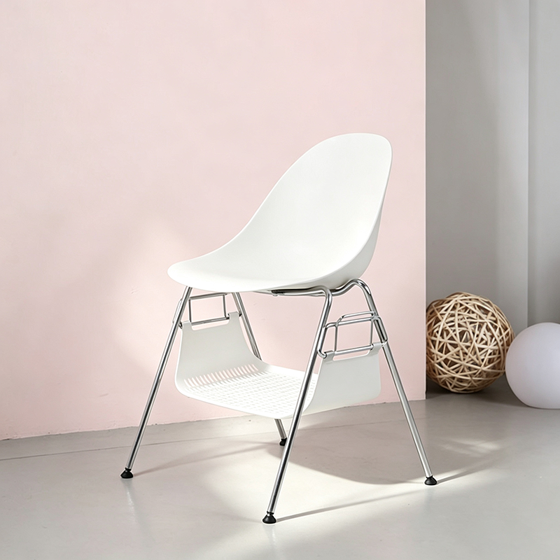 Modern Minimalist Under-Seat Storage Basket Dining Chair - Curved PP Shell &amp; Steel Legs Backrest Chair For Dining Room