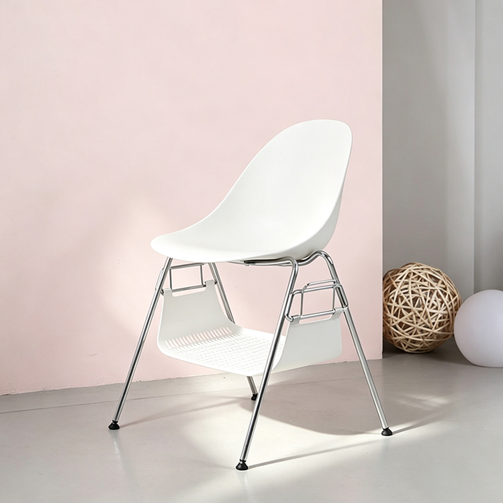 Modern Minimalist Under-Seat Storage Basket Dining Chair - Curved PP Shell &amp; Steel Legs Backrest Chair For Dining Room