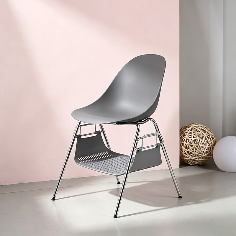 Modern Minimalist Under-Seat Storage Basket Dining Chair - Curved PP Shell &amp; Steel Legs Backrest Chair For Dining Room