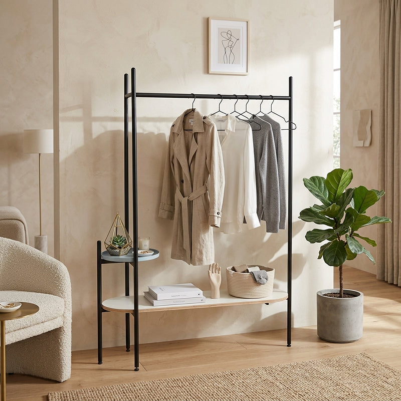 Space-Saving Industrial Hall Tree - Freestanding Powder-Coated Iron MDF Storage Shelves Coat Rack For Entryways &amp; Hallway