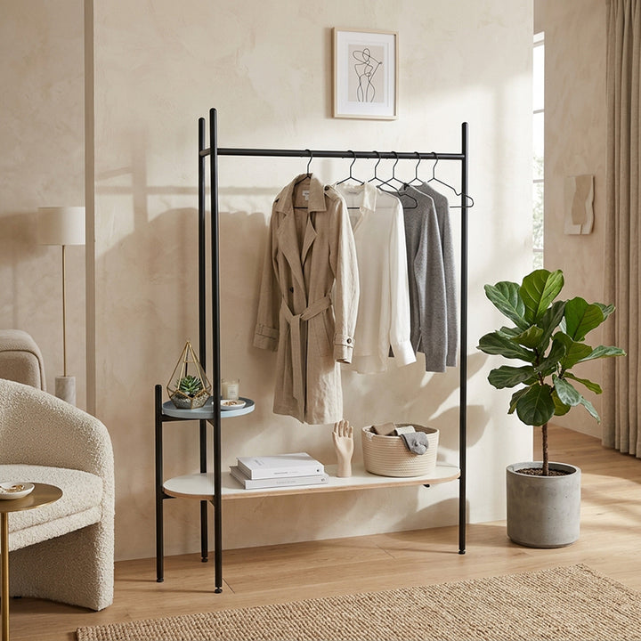 Space-Saving Industrial Hall Tree - Freestanding Powder-Coated Iron MDF Storage Shelves Coat Rack For Entryways &amp; Hallway