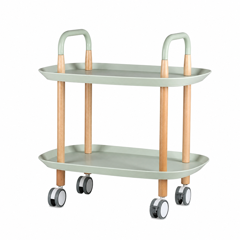 Nordic Mobile Side Table - Beech Wood Frame Silent Locking Caster Wheels 2-Tier Small Cart For Living Room &amp; Bedroom