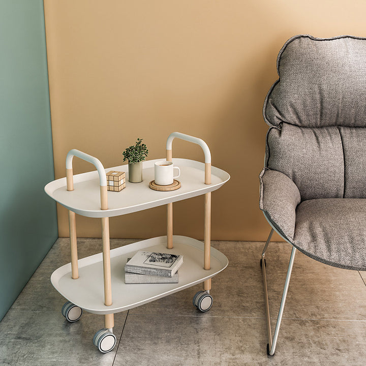 Nordic Mobile Side Table - Beech Wood Frame Silent Locking Caster Wheels 2-Tier Small Cart For Living Room &amp; Bedroom