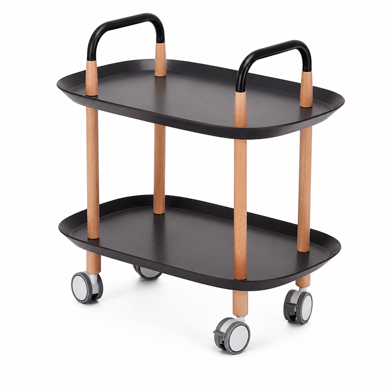 Nordic Mobile Side Table - Beech Wood Frame Silent Locking Caster Wheels 2-Tier Small Cart For Living Room &amp; Bedroom
