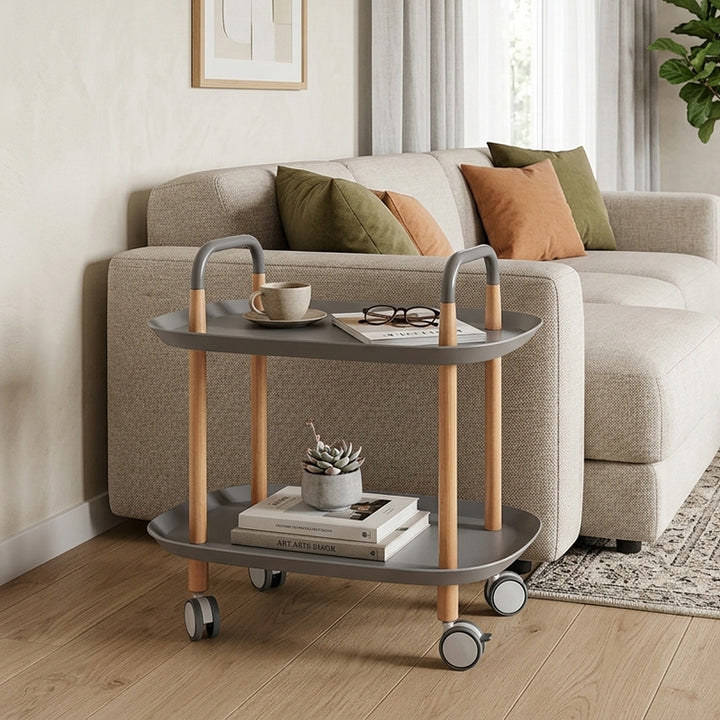 Nordic Mobile Side Table - Beech Wood Frame Silent Locking Caster Wheels 2-Tier Small Cart For Living Room & Bedroom