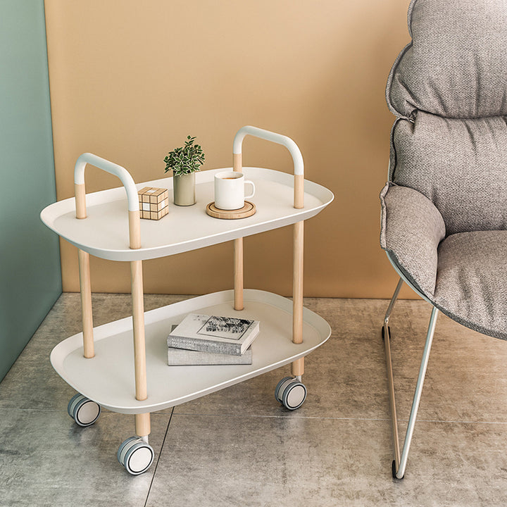 Nordic Mobile Side Table - Beech Wood Frame Silent Locking Caster Wheels 2-Tier Small Cart For Living Room & Bedroom