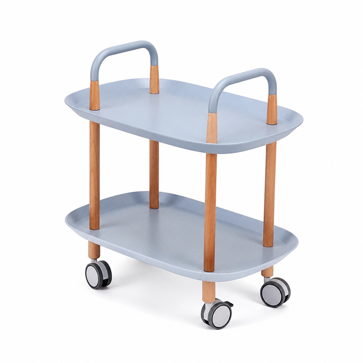 Nordic Mobile Side Table - Beech Wood Frame Silent Locking Caster Wheels 2-Tier Small Cart For Living Room &amp; Bedroom