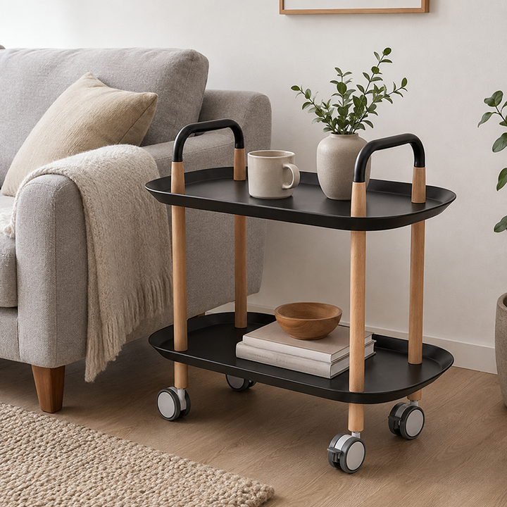 Nordic Mobile Side Table - Beech Wood Frame Silent Locking Caster Wheels 2-Tier Small Cart For Living Room & Bedroom