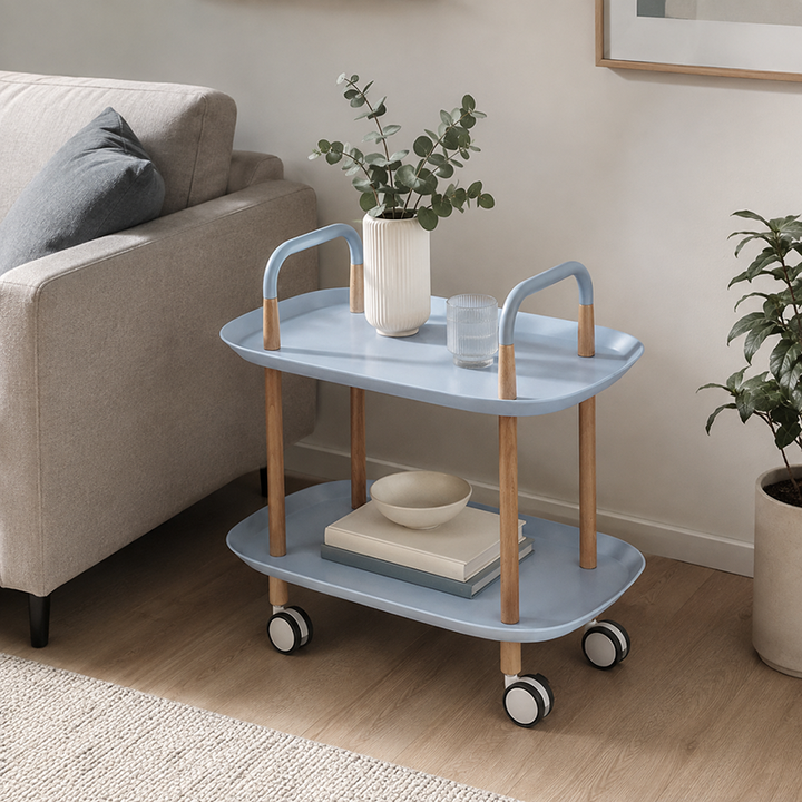Nordic Mobile Side Table - Beech Wood Frame Silent Locking Caster Wheels 2-Tier Small Cart For Living Room & Bedroom