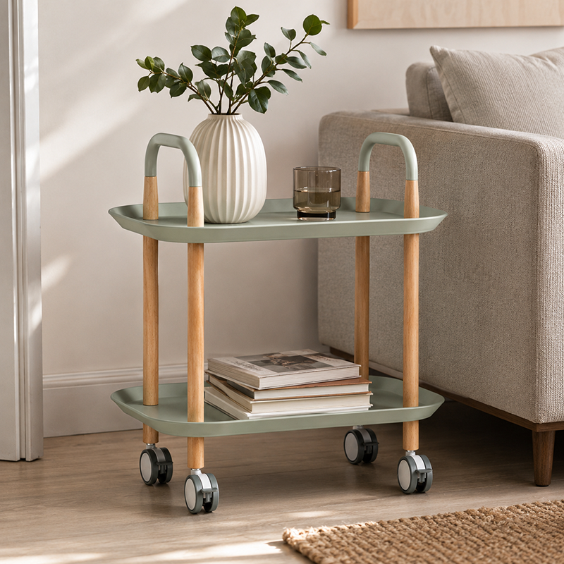 Nordic Mobile Side Table - Beech Wood Frame Silent Locking Caster Wheels 2-Tier Small Cart For Living Room &amp; Bedroom
