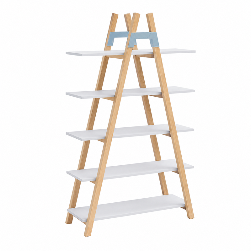 Modern Minimalist Vertical A-Frame Bookshelf - Beech Wood Support Lacquered MDF 5-Tier Open Storage Shelves For Study
