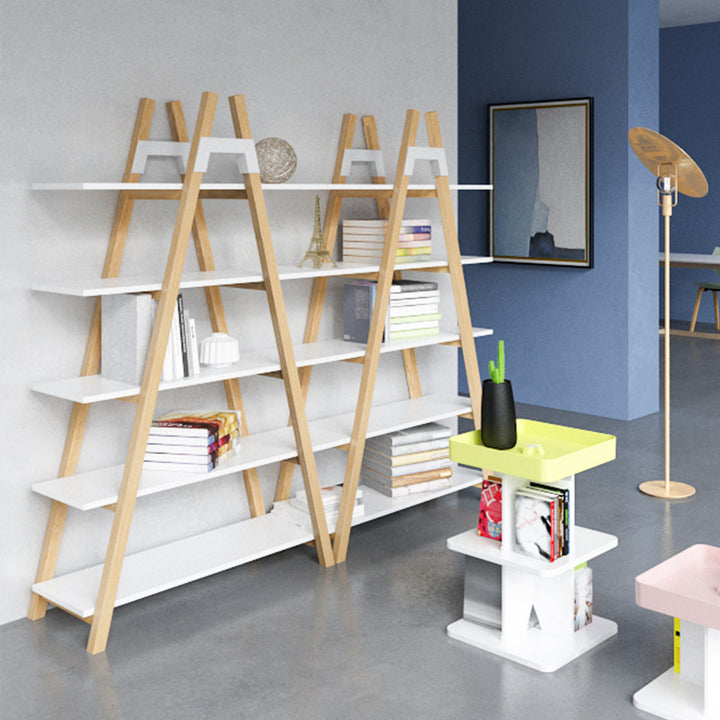 Modern Minimalist Vertical A-Frame Bookshelf - Beech Wood Support Lacquered MDF 5-Tier Open Storage Shelves For Study