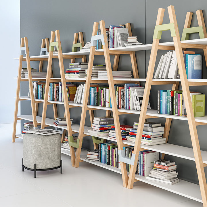 Modern Minimalist Vertical A-Frame Bookshelf - Beech Wood Support Lacquered MDF 5-Tier Open Storage Shelves For Study
