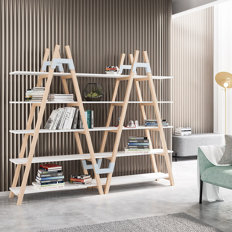 Modern Minimalist Vertical A-Frame Bookshelf - Beech Wood Support Lacquered MDF 5-Tier Open Storage Shelves For Study