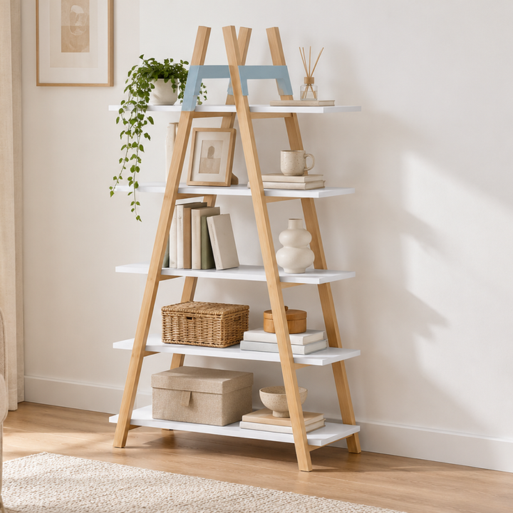 Modern Minimalist Vertical A-Frame Bookshelf - Beech Wood Support Lacquered MDF 5-Tier Open Storage Shelves For Study