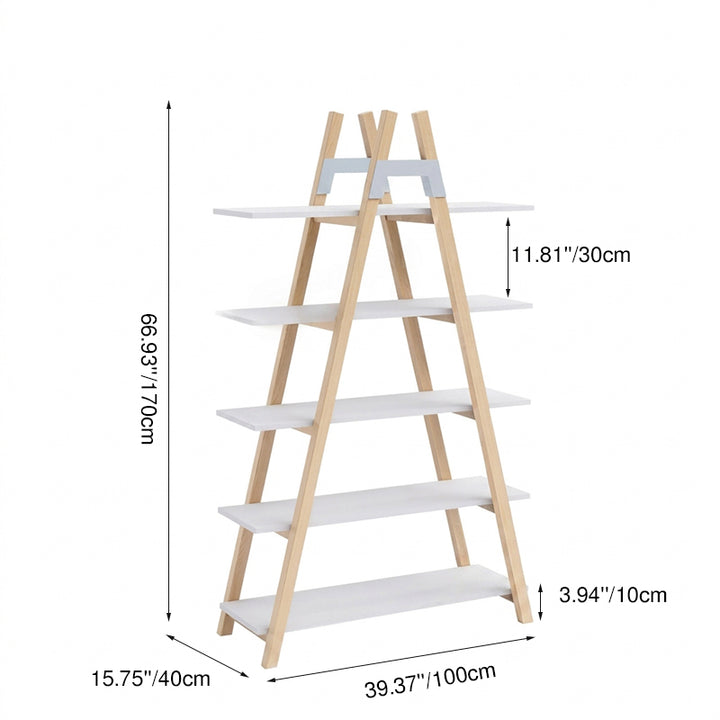 Modern Minimalist Vertical A-Frame Bookshelf - Beech Wood Support Lacquered MDF 5-Tier Open Storage Shelves For Study