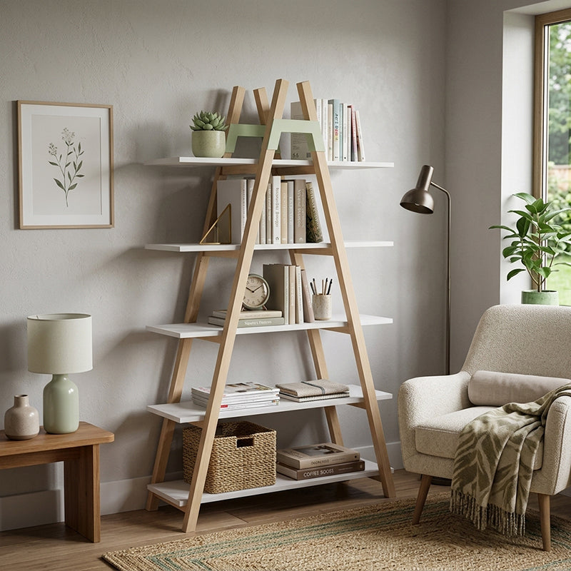 Modern Minimalist Vertical A-Frame Bookshelf - Beech Wood Support Lacquered MDF 5-Tier Open Storage Shelves For Study