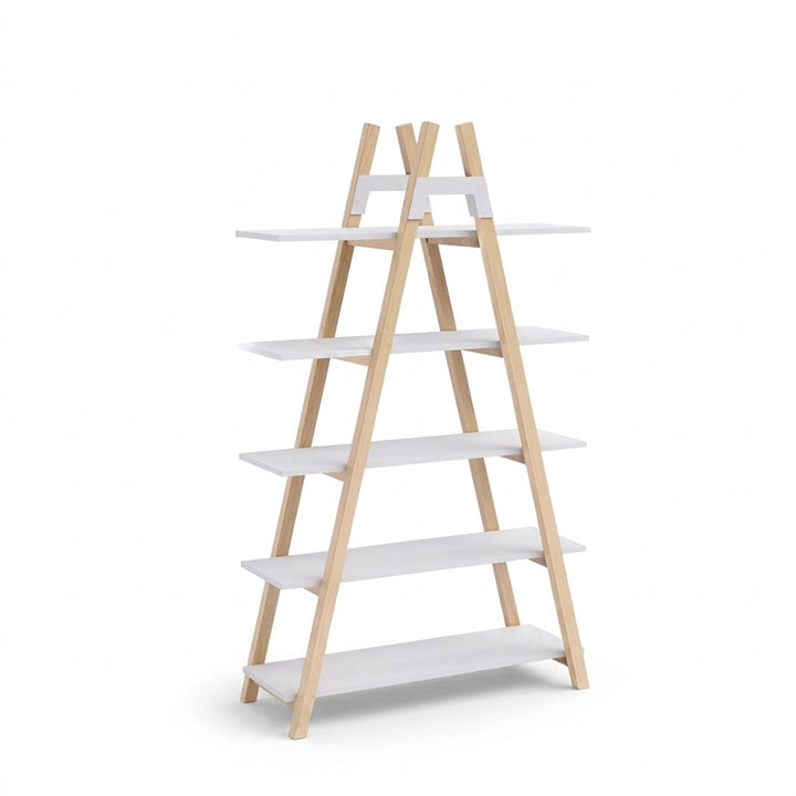 Modern Minimalist Vertical A-Frame Bookshelf - Beech Wood Support Lacquered MDF 5-Tier Open Storage Shelves For Study