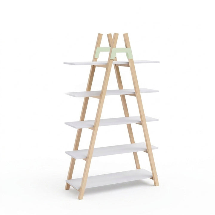 Modern Minimalist Vertical A-Frame Bookshelf - Beech Wood Support Lacquered MDF 5-Tier Open Storage Shelves For Study