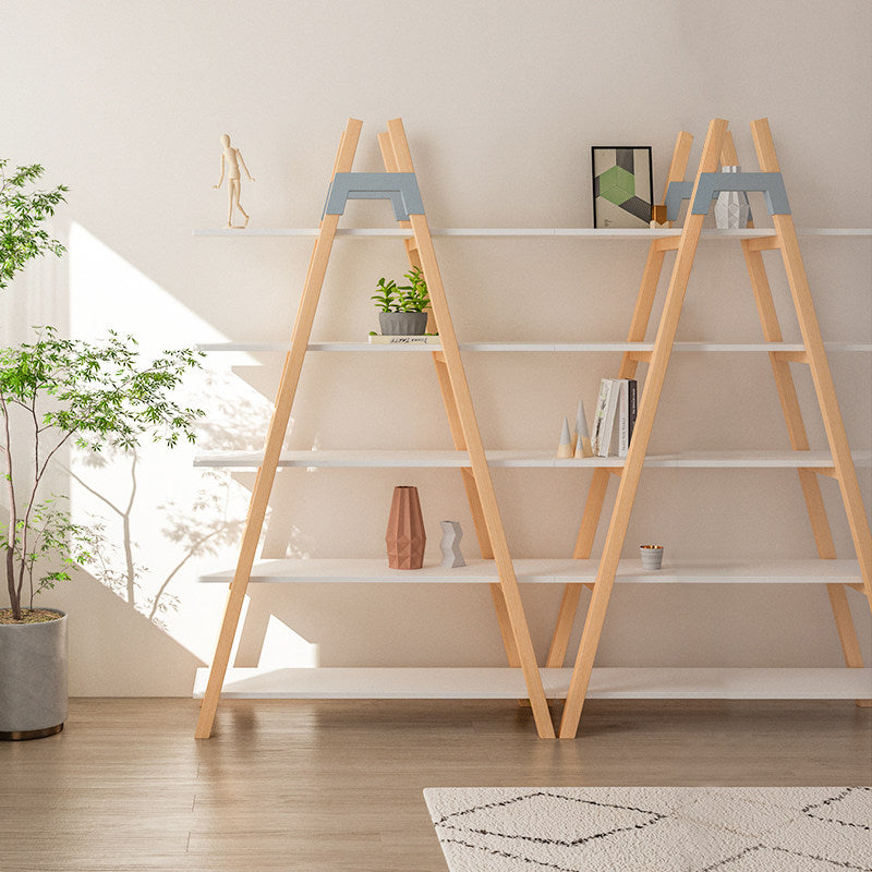 Modern Minimalist Vertical A-Frame Bookshelf - Beech Wood Support Lacquered MDF 5-Tier Open Storage Shelves For Study