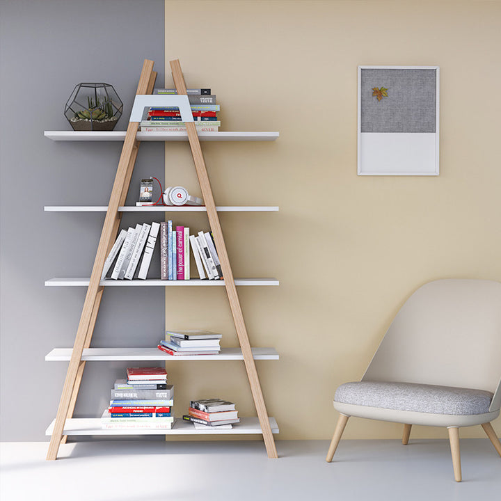 Modern Minimalist Vertical A-Frame Bookshelf - Beech Wood Support Lacquered MDF 5-Tier Open Storage Shelves For Study