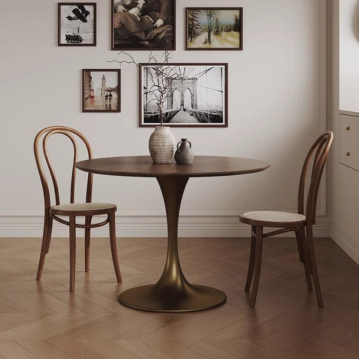Contemporary Retro Round Black Walnut Antique Brass Plywood Rubberwood Faux Rattan Weaving Dining Table & Chair Set For 2 Seats
